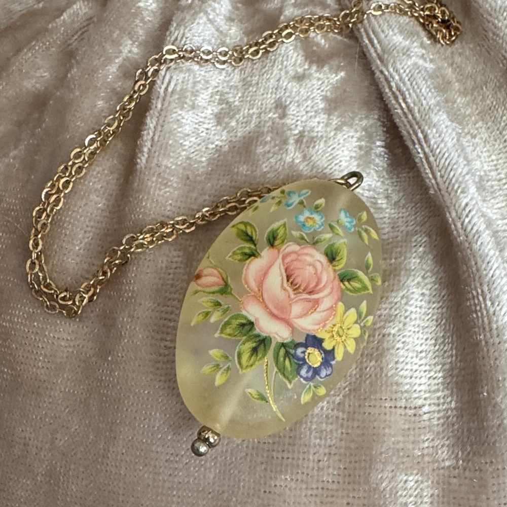 Vintage Painted Glass Floral Pendant Necklace with Gold Chain - Picture 2 of 3